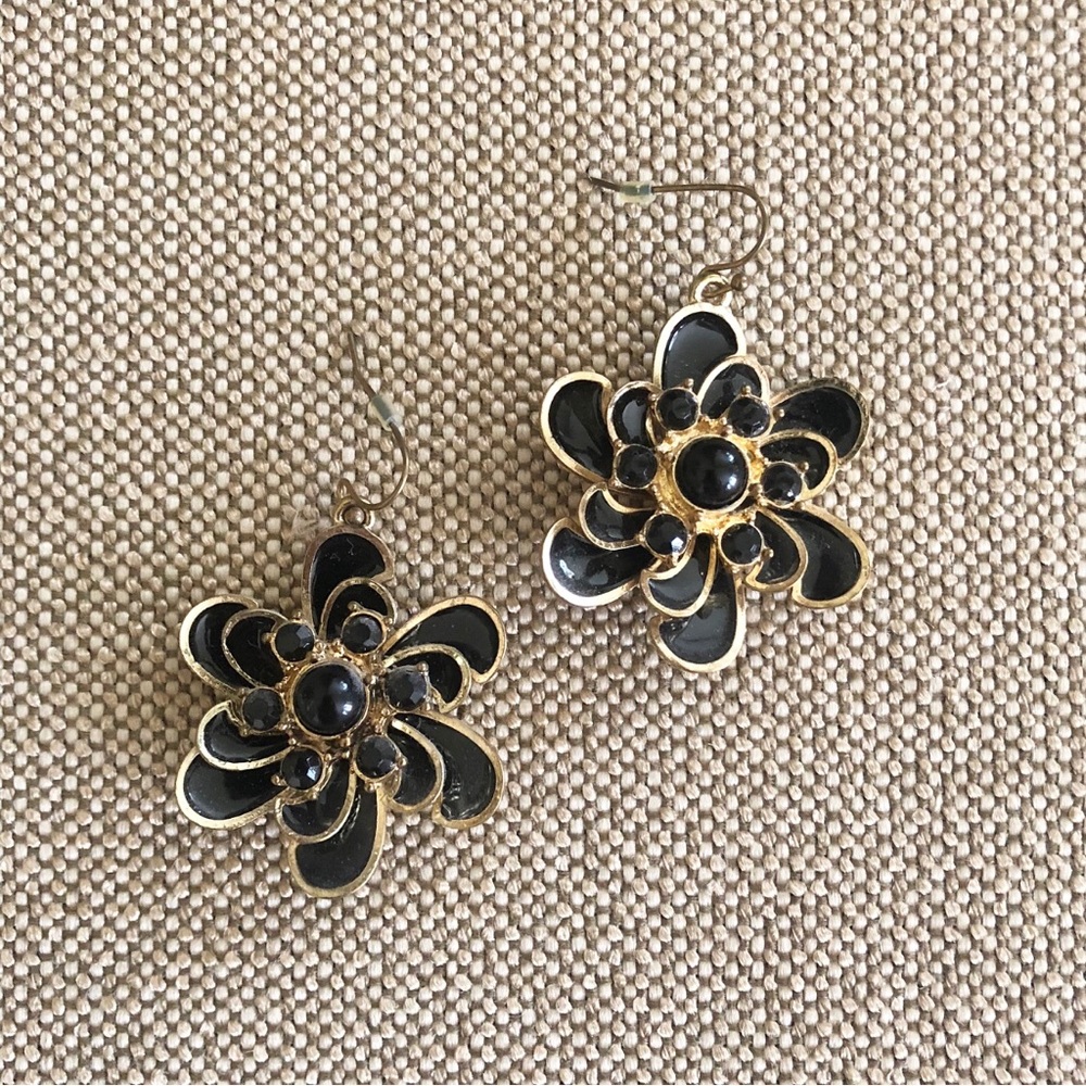NEW Floral Black Enamel Earrings